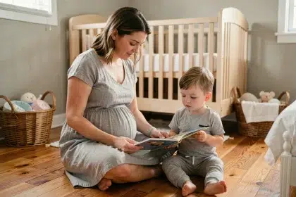 Femme enceinte et son jeune enfant lisant un livre ensemble dans la chambre du bébé en préparation de l'arrivée d'un deuxième enfant