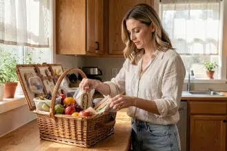Femme préparant un panier pique-nique familial dans une cuisine chaleureuse avec fruits et sandwichs