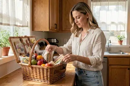 Femme préparant un panier pique-nique familial dans une cuisine chaleureuse avec fruits et sandwichs