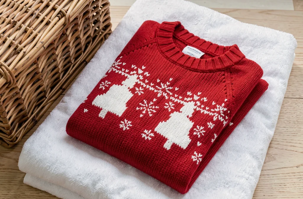 Pull de Noël en maille séchant à plat sur une serviette