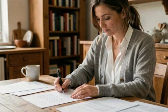 Femme rédigeant une lettre de rupture de contrat assistante maternelle à une table en bois chez elle