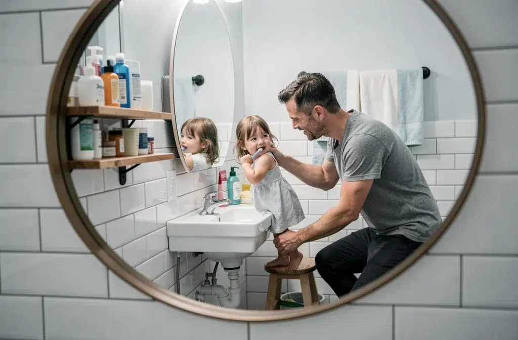Père aidant sa fille à se brosser les dents lors de la routine du soir en salle de bain