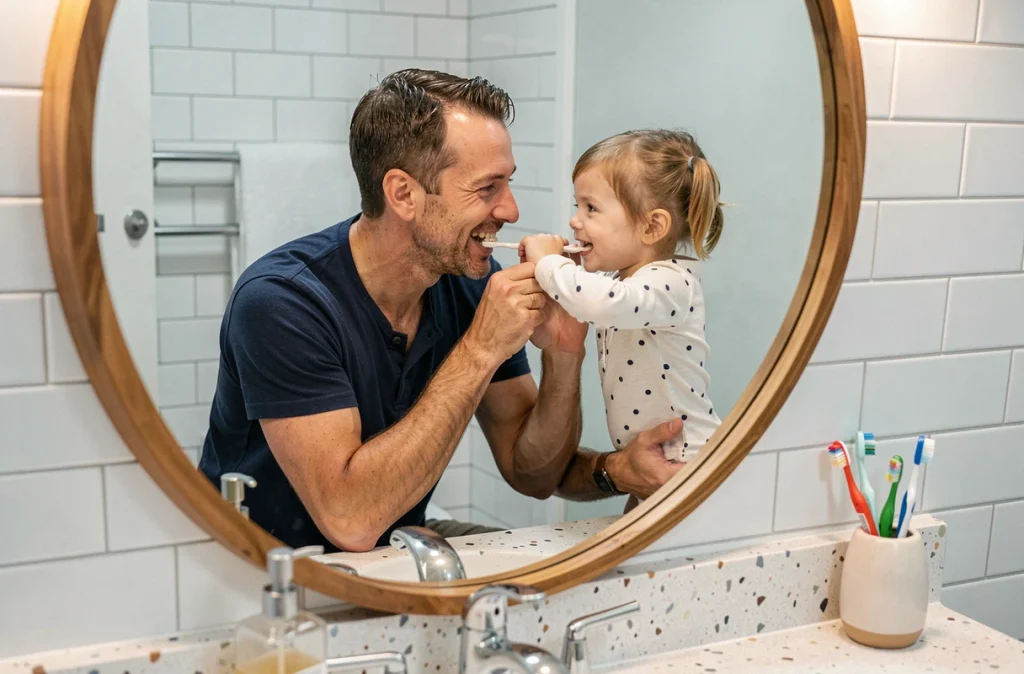 Père aidant sa fille à se brosser les dents dans la salle de bain lors de la routine du soir