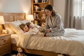 Mère lisant une histoire à ses enfants au coucher dans une chambre cosy et apaisante