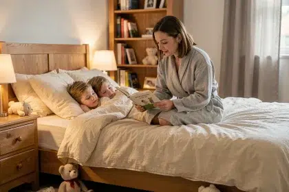 Mère lisant une histoire à ses enfants au coucher dans une chambre cosy et apaisante