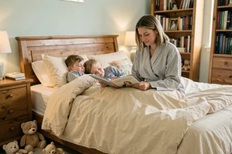 Mère lisant une histoire à ses enfants avant de dormir dans une chambre familiale chaleureuse