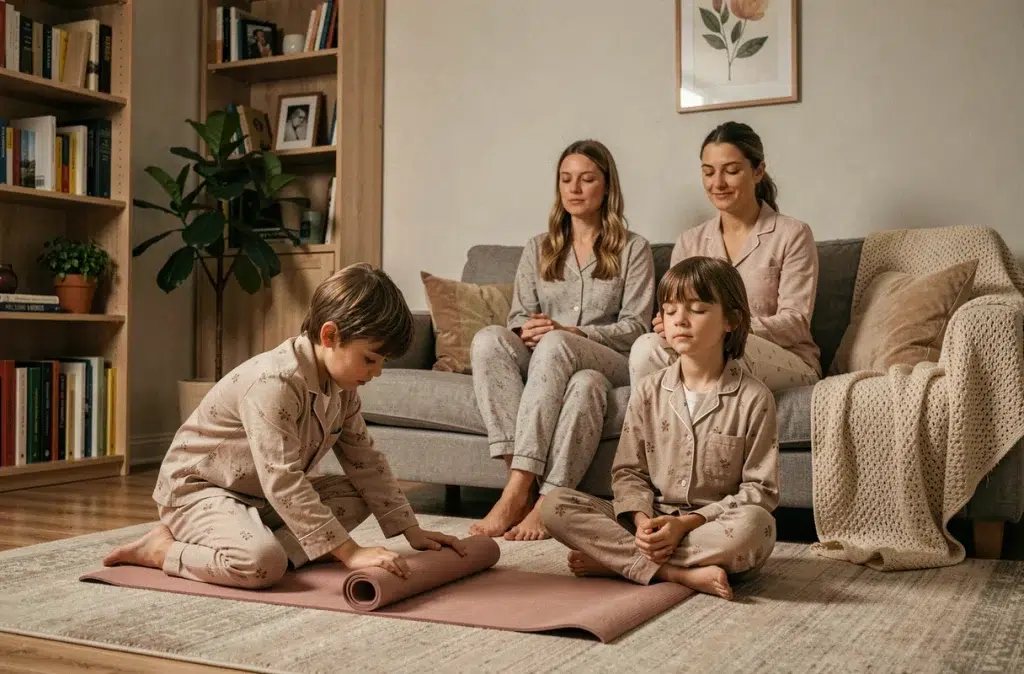 Famille en pyjama pratiquant une routine de relaxation du soir ensemble dans le salon