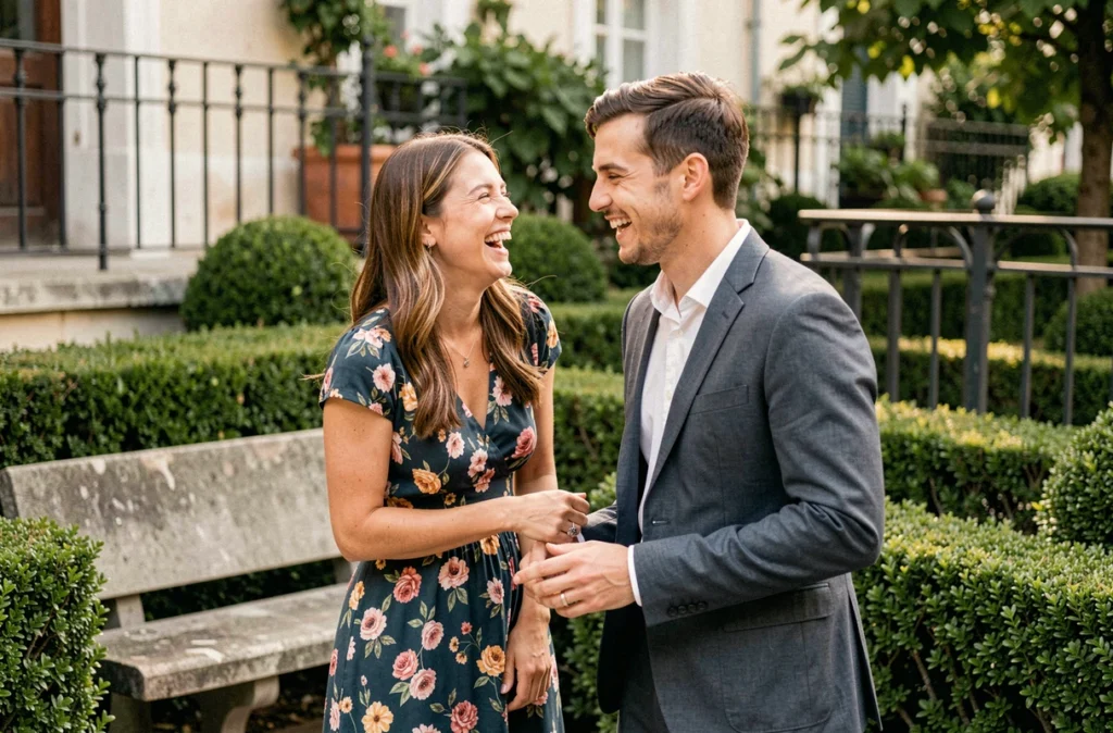 Couple souriant lors d'une séance photo dans un parc urbain à Cachan avec haies taillées et grilles en fer forgé