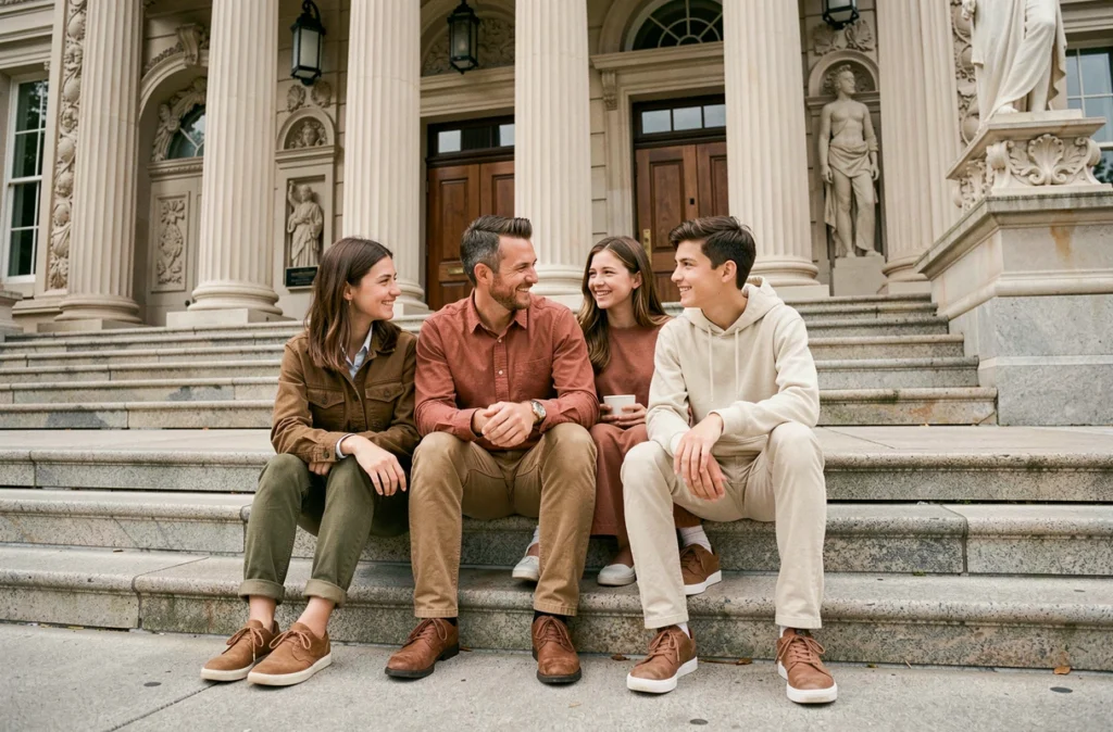 Famille réunie pour une séance photo devant un bâtiment institutionnel en pierre à Cachan avec colonnes classiques