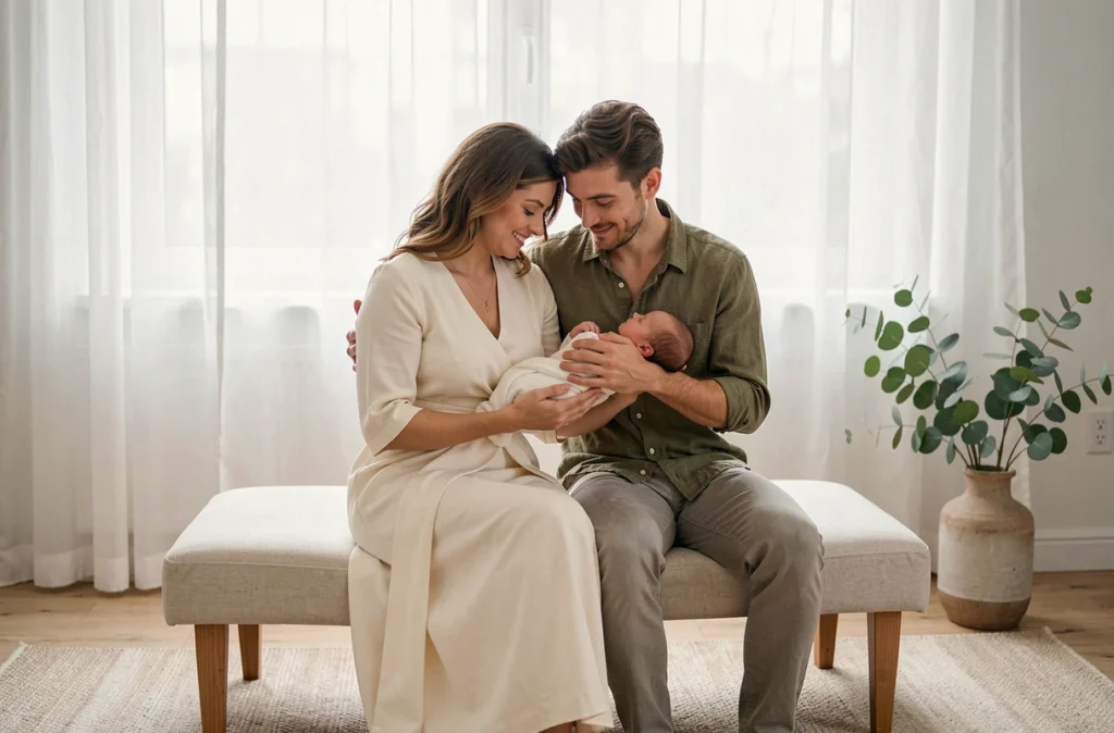 Séance photo naissance en famille dans un studio cosy à Clermont-Ferrand