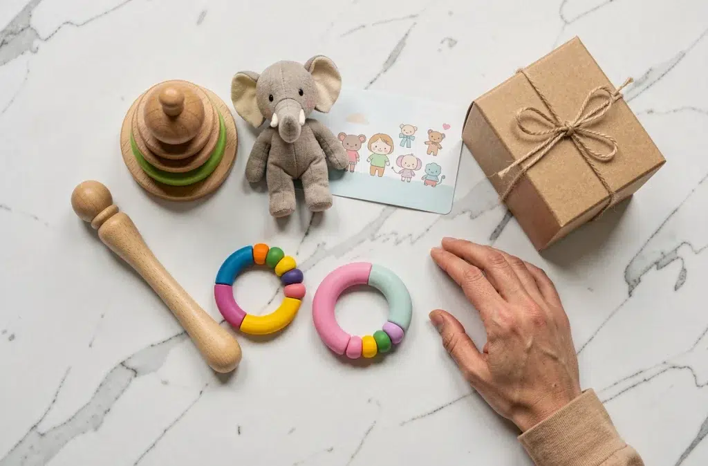 Sélection de jouets pour bébé 7 mois disposés en flat lay sur marbre blanc incluant hochet en bois, jouets sensoriels et emballage cadeau kraft