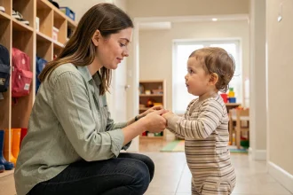 Mère réconfortant son tout-petit à l'entrée d'une crèche, agenouillée à sa hauteur avec un geste rassurant