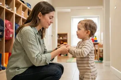 Mère réconfortant son tout-petit à l'entrée d'une crèche, agenouillée à sa hauteur avec un geste rassurant