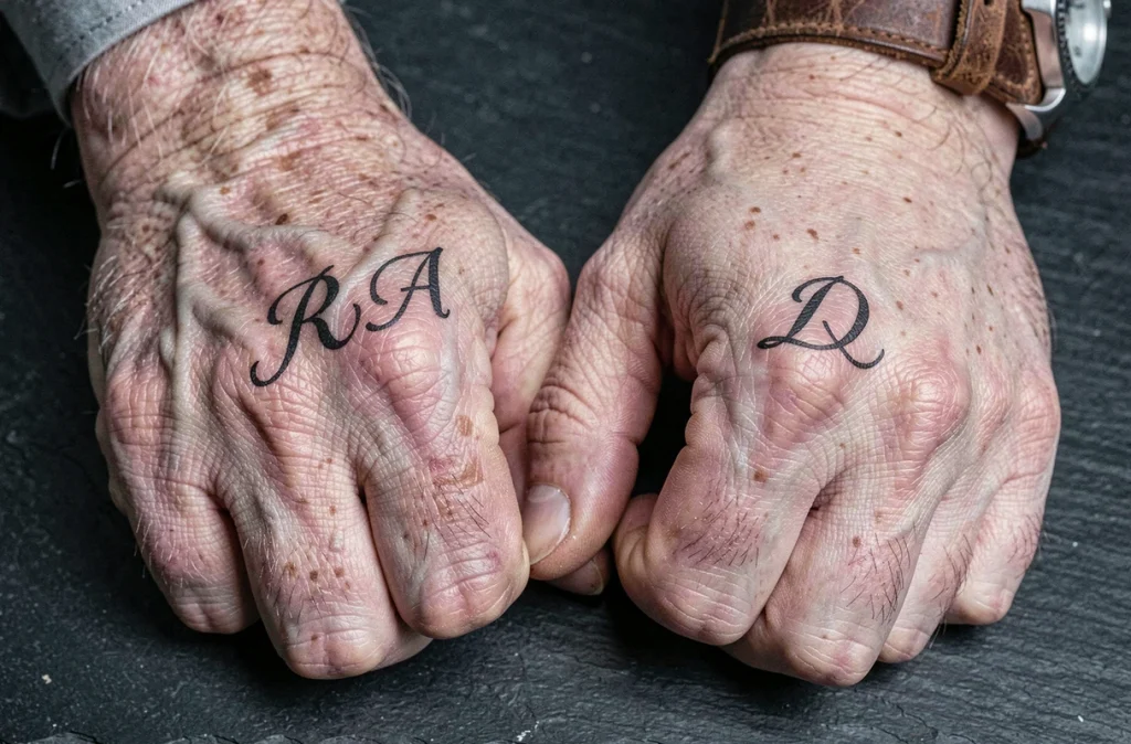 Deux poignets masculins avec tatouages initiale famille assortis en écriture serif, lien père et fils sobre