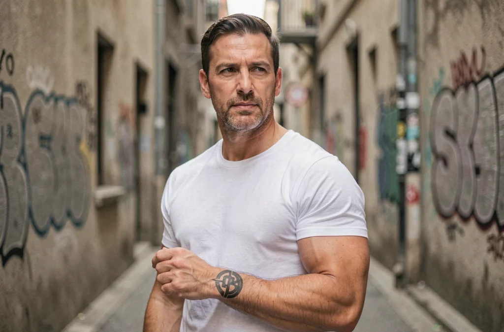 Homme athlétique montrant son tatouage initiale au poignet en extérieur urbain, style blackwork masculin