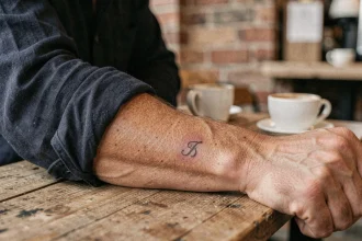 Tatouage initiale famille sur le poignet d'un homme en chemise marine, style sobre et viril en gros plan