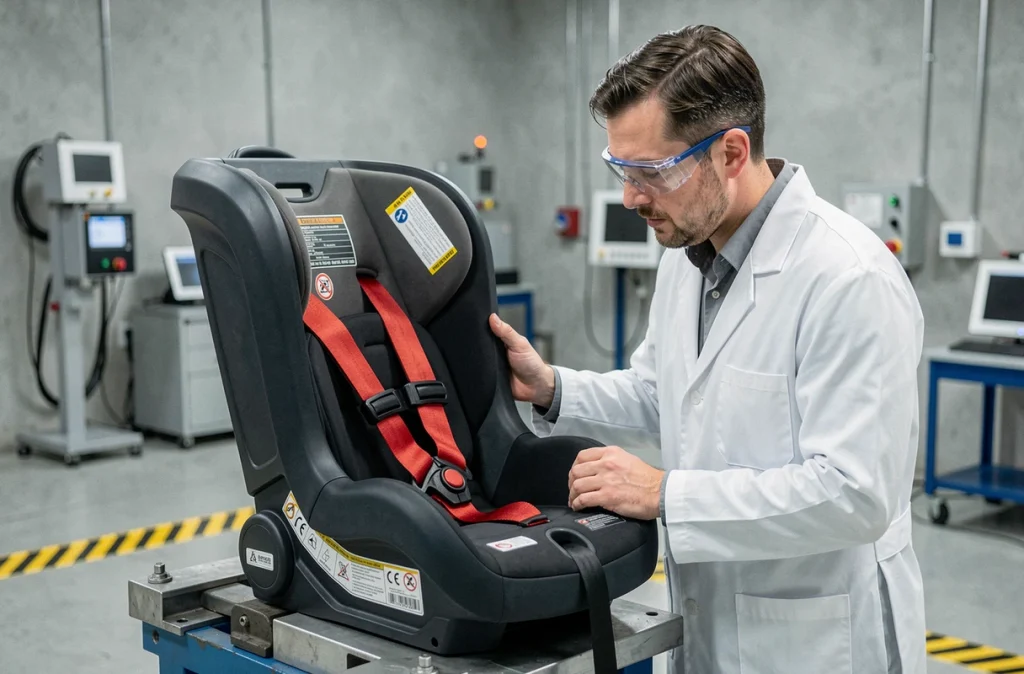 Ingénieur de sécurité examinant un siège auto convertible sur un banc de test en laboratoire automobile lors d'un crash-test ADAC