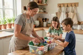 Mère et enfants triant des déchets recyclables dans une cuisine familiale éco-responsable