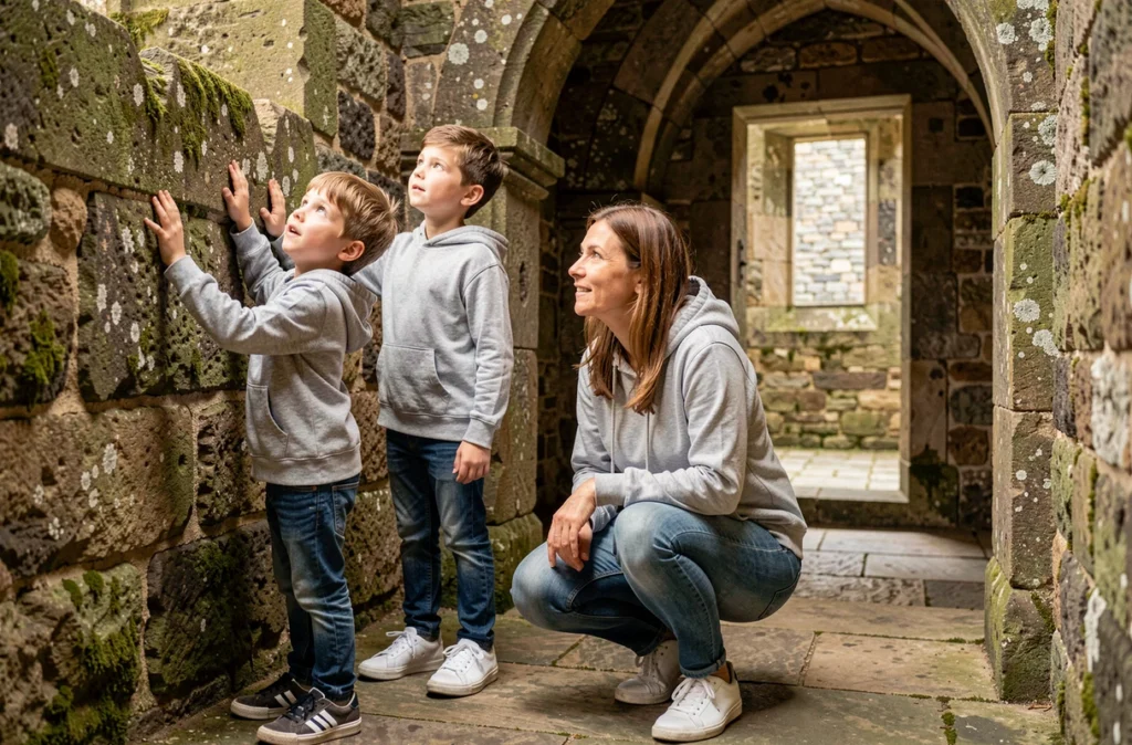 Mère et ses deux fils explorant une forteresse médiévale bretonne lors d'une sortie culturelle en famille