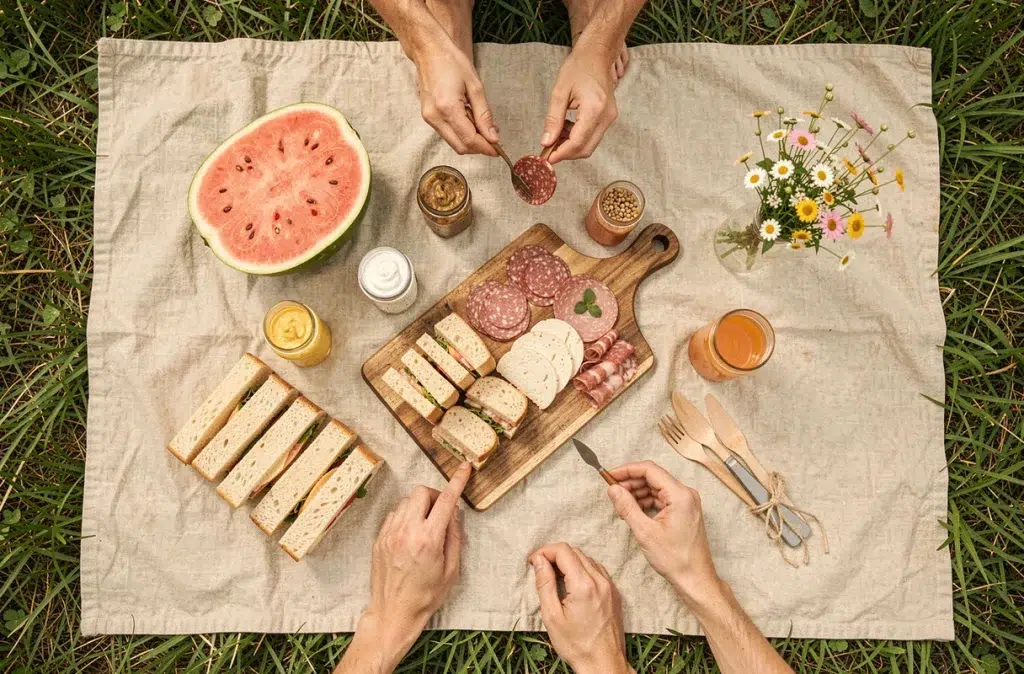 Vue de dessus d'un pique-nique familial bien organisé avec charcuterie, fruits et couverts réutilisables sur une couverture en lin